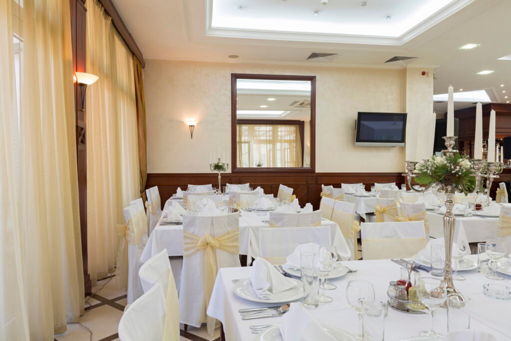 Wedding hall or other function facility set for fine dining